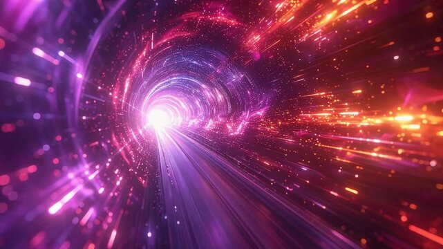 Immersive sci-fi warp tunnel with fast streaming colorful data particles and light 高速で駆け抜けけるサイバー空間の光とデータのワープトンネル背景 フルHD