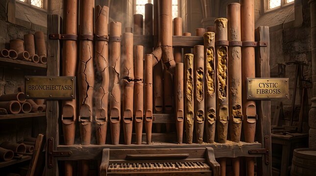 A dusty old organ with cracked pipes and signs for bronchiectasis and cystic fibrosis conditions