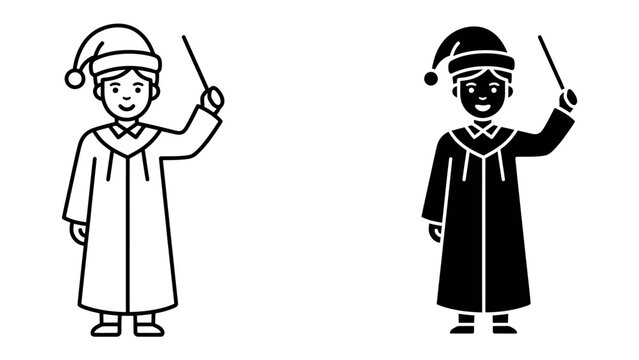 Wizard in Costume: A stylized illustration of a young wizard in a robe and cap, holding a magic wand, depicted in both line art and solid silhouette, representing fantasy and imagination.