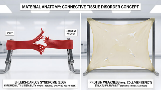 Ehlers Danlos Syndrome concept illustration showing overstretched snapping red rubber and protein weakness