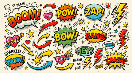 Obraz premium Collection of colorful comic book speech bubbles and sound effects.