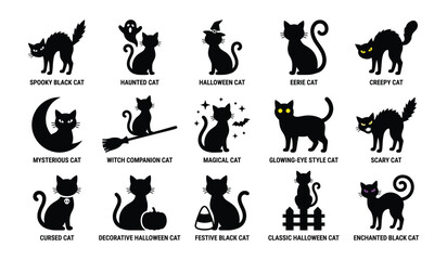 Halloween silhouette cats spooky black feline designs for october © Graphicmuseum01