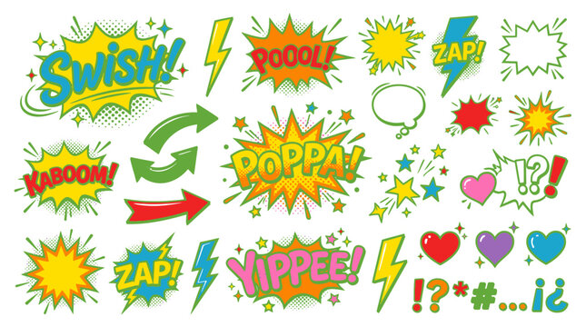 Colorful comic book style speech bubbles and expressions.