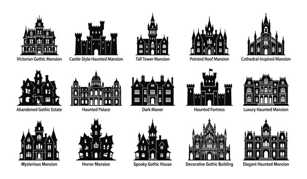 Halloween silhouette of various haunted houses and mansions