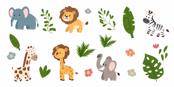 Cartoon style wildlife illustrations featuring elephants lions giraffes and zebras
