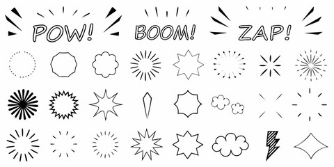 Comic book style Explosion And Starburst Elements Black And White Vector Illustration © Babita