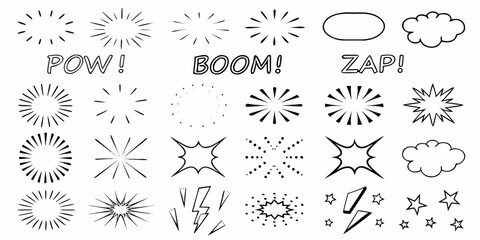Comic book style explosion and effect elements black and white line illustration © Babita