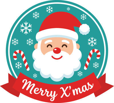 A cheerful cartoon santa claus face with a red hat and white beard on a teal circle with snowflakes and candy canes