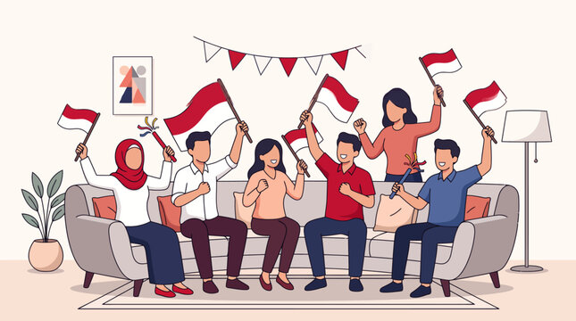 Indonesian People Celebrating Independence Day Illustration with Red and White Flags on Living Room Sofa