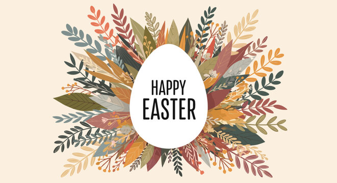 Easter poster showing happy easter text on a clean white egg shape surrounded by colorful autumn and spring leaves.