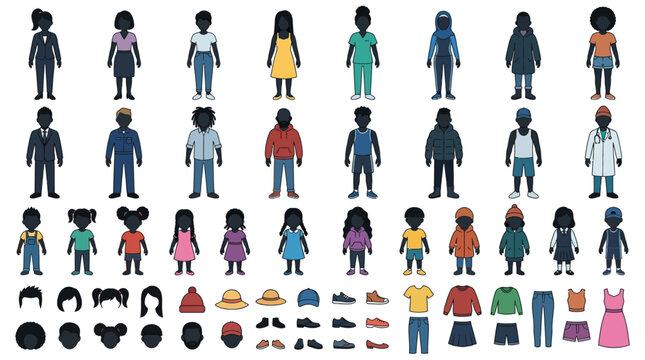 Diversity character creator set with various people and clothing icons