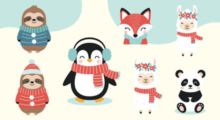 Fototapeta premium Collection of adorable winter animals wearing warm knitted sweaters, cozy woolen scarves, and fuzzy earmuffs.