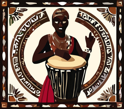 African Musician Playing Djembe Drum Rhythm Circle Frame Percussion Instrument Music Therapy Celebration Vector Art