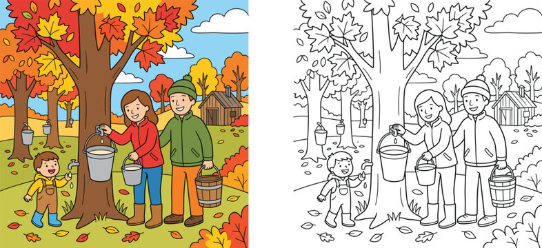 Cartoon illustration and coloring page of a family harvesting maple sap from trees in an autumn forest next to a sugar shack cabin.
