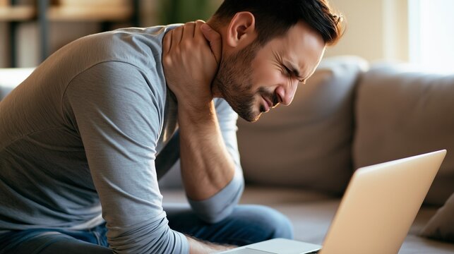 Man Suffering Neck Pain While Using Laptop at Home, Excellent for Remote Work Ergonomics, Tech Neck and Workplace Wellness Content
