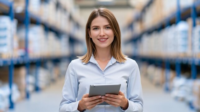 Warehouse Operator Using Tablet in Modern Logistics Hub, Ideal for Inventory Management, Supply Chain Control and Cold Chain Operations