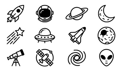 Outer Space Exploration Icon Set with Rocket, Astronaut, Planet Saturn, UFO, Satellite, and Alien Symbols for Science Education Apps and Sci-Fi Website Layouts © Md