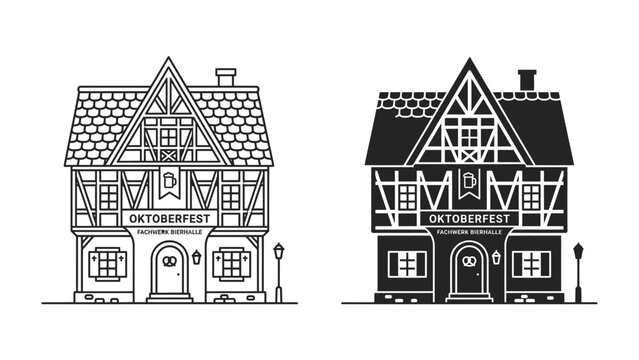 Oktoberfest House Illustration: A charming, traditional half-timbered house, decorated for the Oktoberfest celebration, presented in both outline and silhouette versions.