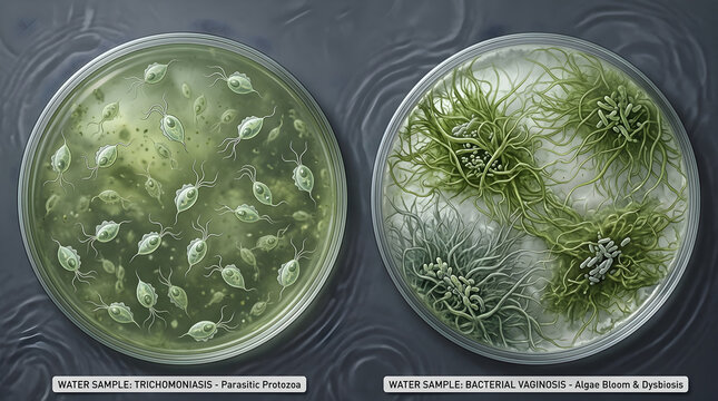 Microscopic view of trichomoniasis protozoa and bacterial vaginosis algae in petri dishes side by side