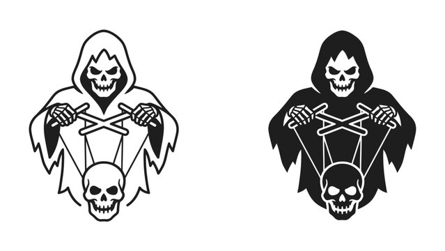 Puppet Master of Fate: A stylized grim reaper, depicted as a puppet master, manipulates a skull with strings, symbolizing control over life and death.