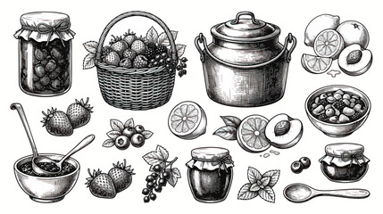 Vintage hand drawn jam making set, rustic fruit preserves and berry harvest illustrations, black and white kitchen vector elements for packaging © Dream Time Studio