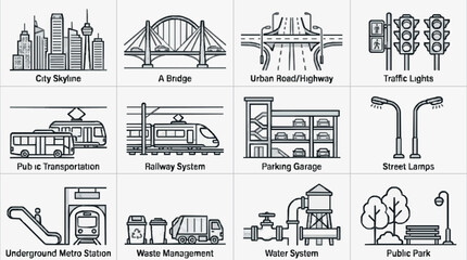 Obraz premium Professional Black and White Line Drawing Icons of Urban Infrastructure and City Elements with high quality professional line art symbols for modern creative design and digital branding projects