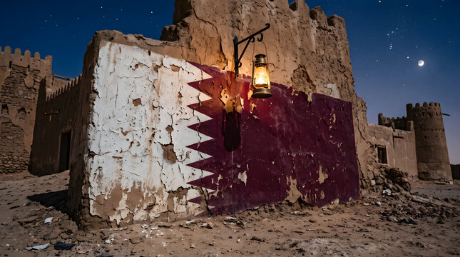 Old qatari flag painted on a crumbling wall with a lantern at night in a desert