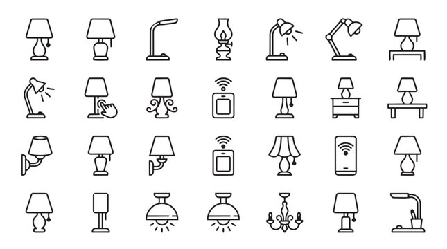 Decorative home lighting and table lamp icons with lighting interior furniture electric isolated