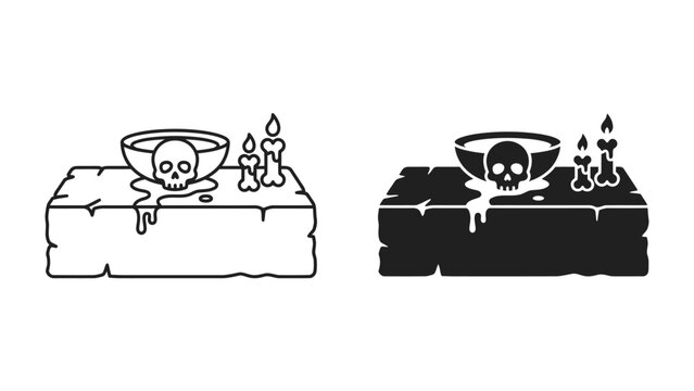 Mystical Altar Icon: Two icons depicting a stone altar with a skull in a bowl, dripping wax, and lit candles, creating an atmosphere of mystery and occult ritual.