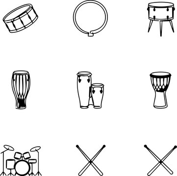 Assorted percussion instruments and drumsticks arranged for visual appeal and musical concept