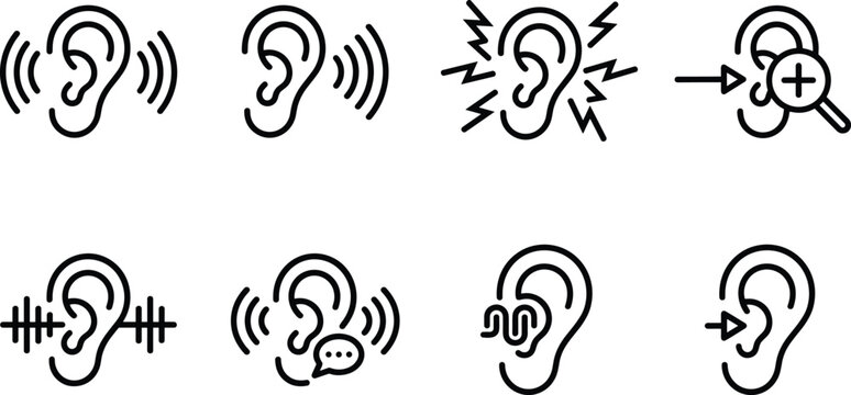 Human Ear Hearing and Audio Perception Line Icon Set for Otolaryngology, Sound Waves, and Deafness Symbols