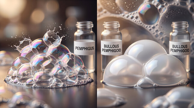 Soap bubbles and medical bottles for pemphigus and bullous pemphigoid conditions with clear liquids inside