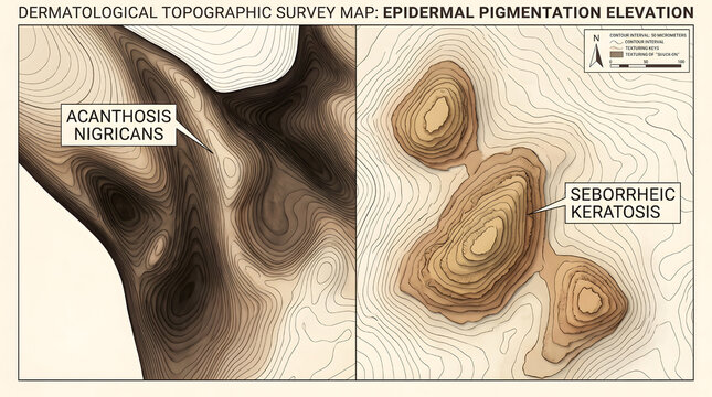 Dermatological topographic survey map showing epidermal pigmentation elevation of acanthosis nigricans and seborrheic keratosis conditions