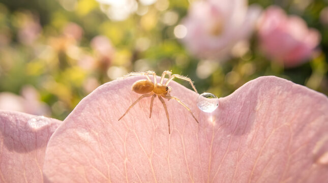Small yellow spider on a delicate pink flower petal with a water droplet in sunlight outdoors