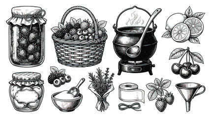 Vintage hand drawn jam making set, rustic kitchen preserving tools and berry harvest vector, antique woodcut style canning jars and fruit collection © Dream Time Studio