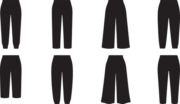 Women pants and trousers icon collection featuring wide leg culottes joggers and leggings black silhouettes