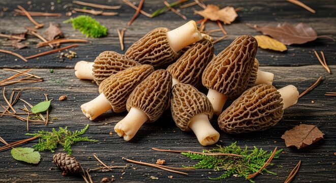 A collection of raw morel mushrooms with intricate textures rests on a dark weathered wood tabletop, showing natural forest floor details, culinary, old, edible