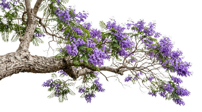 Blooming jacaranda tree branch with purple flowers and textured bark isolated on transparent background