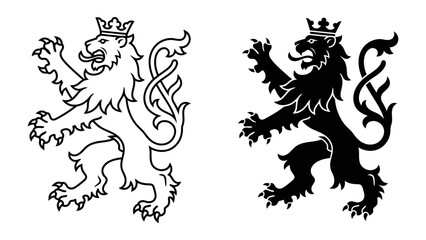 Heraldic Lion Icon Set: A regal heraldic lion, depicted in both outline and silhouette, stands proudly with a crown atop its head, symbolizing power, courage, and royalty. © Mdhd