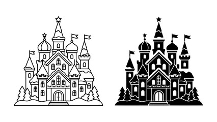 Castle Icon Set: Two distinct vector graphic icons representing a fairytale castle, one in outline and the other in silhouette, adorned with flags, spires, and winter trees. © Md