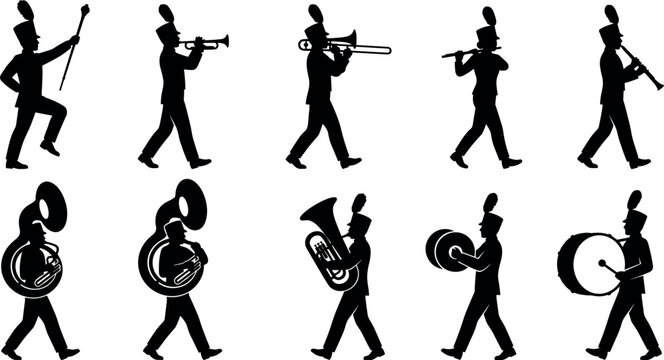 Marching Band Silhouette Vector Icon Set Featuring Musicians Playing Trumpet Trombone Flute Sousaphone Tuba Cymbals and Bass Drum for School Parades and Music Event Designs