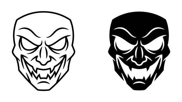 Spooky Grin: Two stylized skull icons, one in outline and one in solid black, depict a menacing face with sharp teeth and glowing eyes.