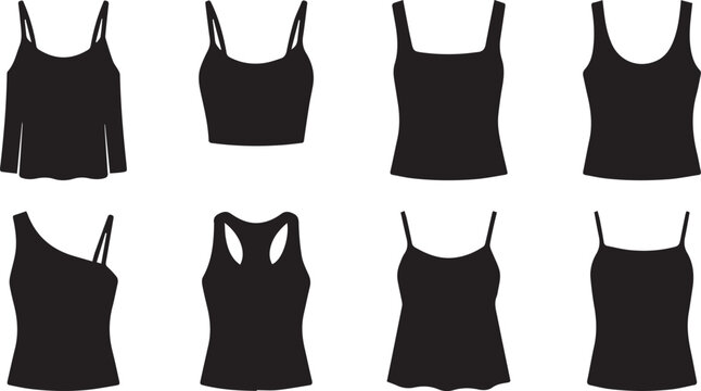 Women tank top and camisole icon collection featuring crop top racerback and spaghetti strap black silhouettes