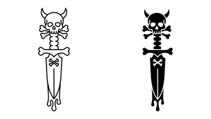 Macabre Duo: A striking illustration presents a grim reaper-esque dagger crossed with a skull and crossbones, offered in both line art and silhouette, embodying a sense of danger and defiance. © jannatul