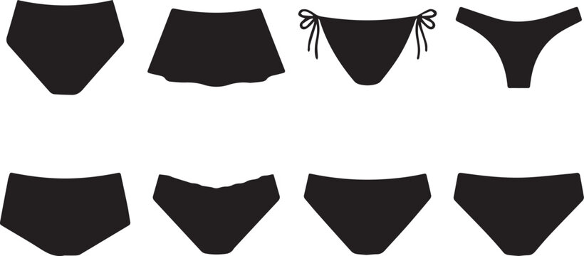 Women bikini bottoms and underwear icon collection with high waisted thong tie side and swim skirt black silhouettes