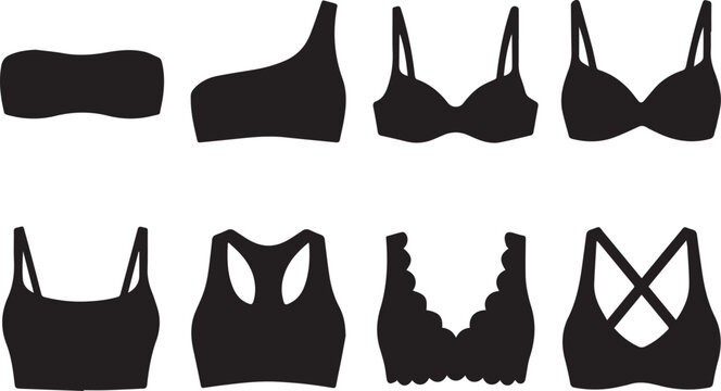 Women bra and sports top icon collection featuring bandeau sports bra strapless and bralette black silhouettes