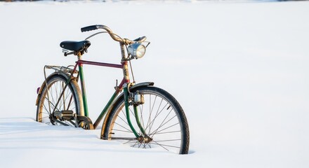 Fototapeta premium A solitary vintage bicycle sits partially submerged in deep drifts of white snow, evoking a sense of quiet stillness and forgotten memory, stillness, snow, antique