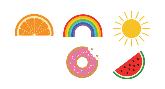 Set of colorful summer vector icons featuring a half orange, rainbow, bright sun, glazed donut, and watermelon slice.