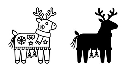 Rudolph the Reindeer Pinata: A whimsical line drawing and silhouette of a festive reindeer piñata, adorned with charming holiday motifs, ready to bring joy and excitement to any celebration. © mrs