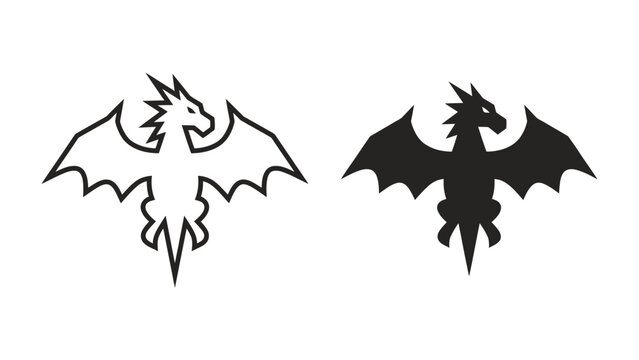 Dragon Emblem: Two stylized dragon designs, one in outline and one solid black, representing power and fantasy.
